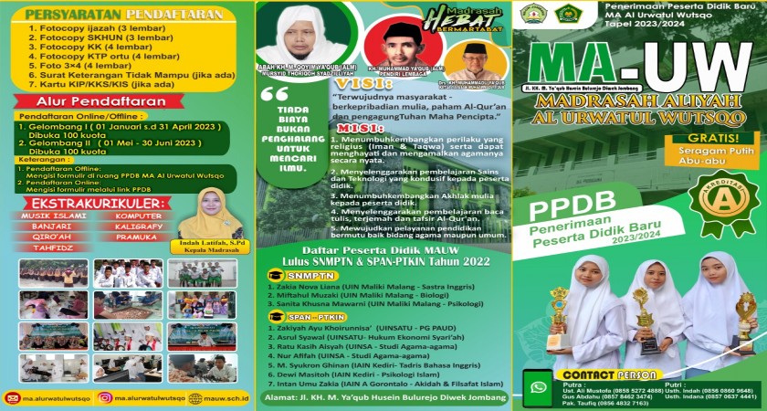 Penerimaan Peserta Didik Baru (PPDB) MA Al Urwatul Wutsqo Jombang Tahun Pelajaran 2023-2024